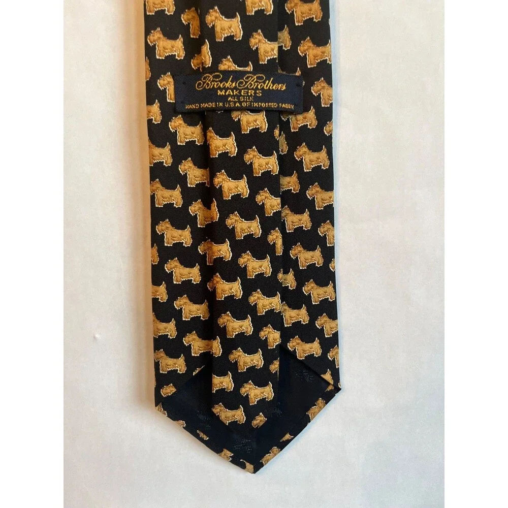 BROOKS BROTHERS Scottie Necktie Black Brown Tan Scottish Terrier Print Silk Tie